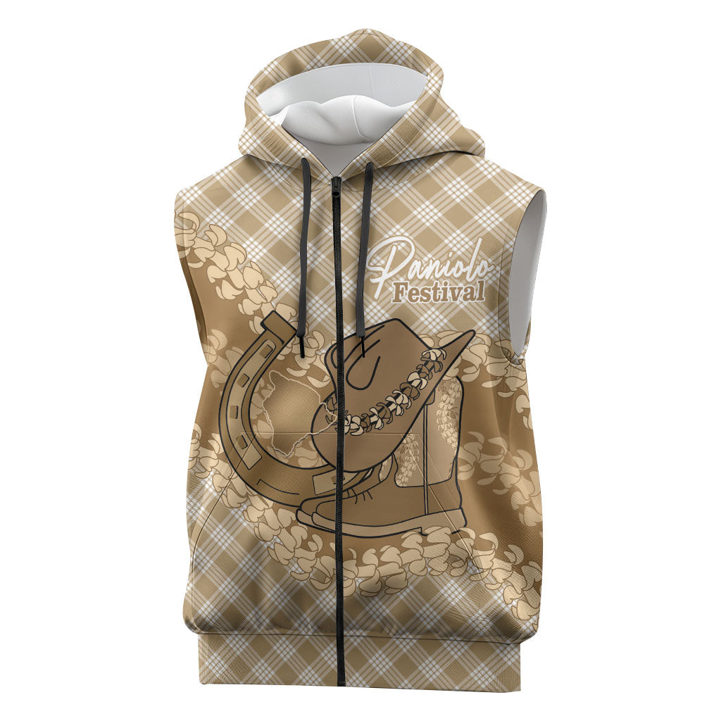 Makue Hawaii Cowboy Palaka Motifs Personalised Sleeveless Zip Hoodie Paniolo Festival Puakenikeni Lei