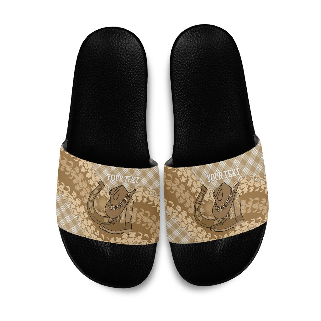 Makue Hawaii Cowboy Palaka Motifs Personalised Slide Sandals Paniolo Festival Puakenikeni Lei