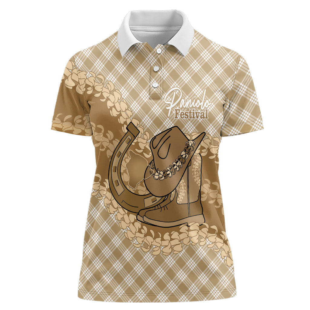 Makue Hawaii Cowboy Palaka Motifs Personalised Women Polo Shirt Paniolo Festival Puakenikeni Lei