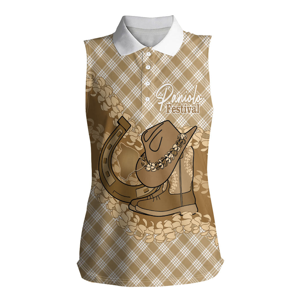 Makue Hawaii Cowboy Palaka Motifs Personalised Women Sleeveless Polo Shirt Paniolo Festival Puakenikeni Lei