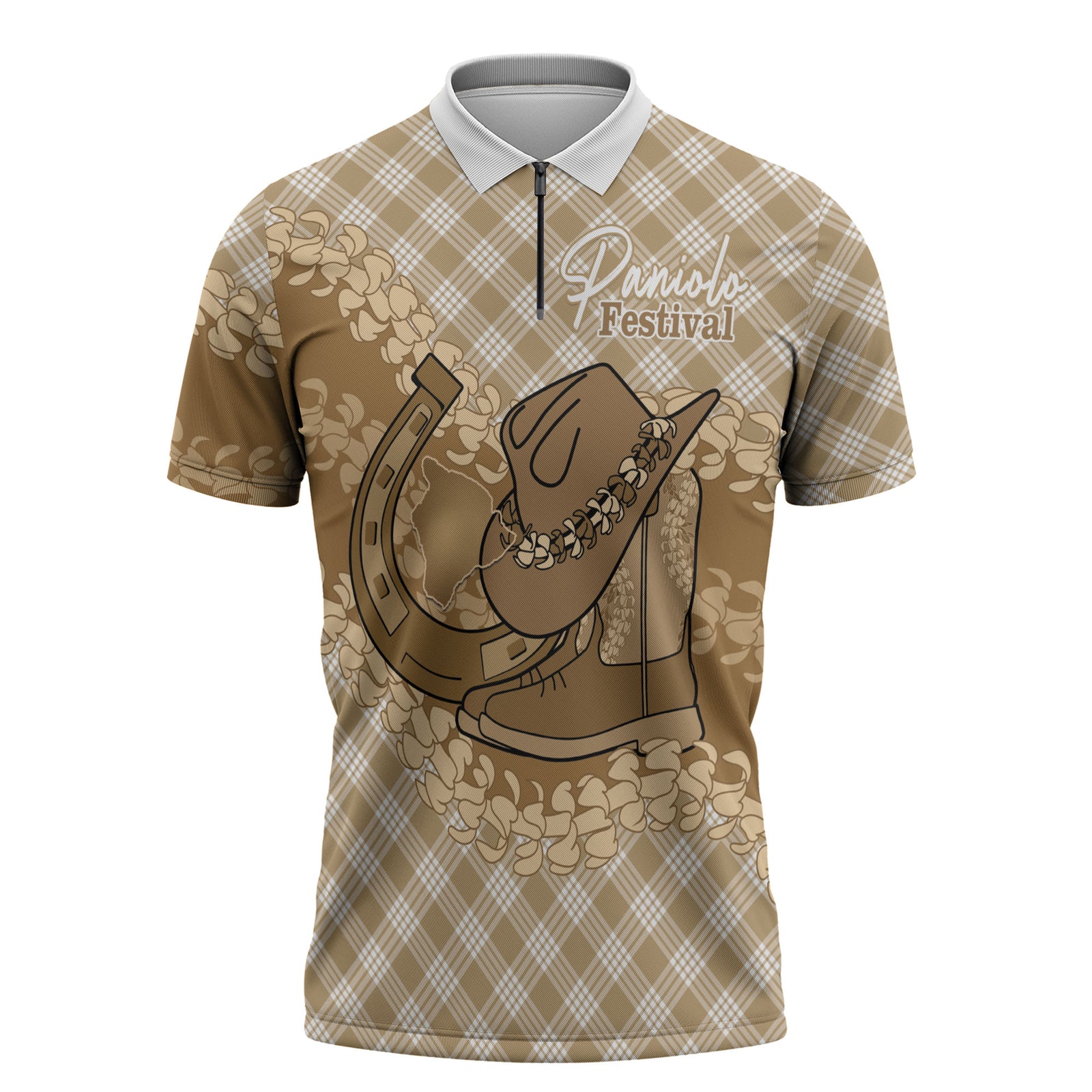 Makue Hawaii Cowboy Palaka Motifs Personalised Zipper Polo Shirt Paniolo Festival Puakenikeni Lei
