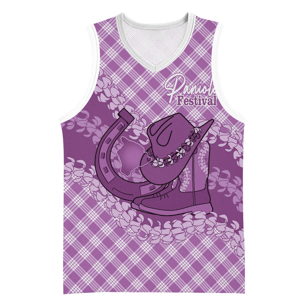 Poni Hawaii Cowboy Palaka Motifs Personalised Basketball Jersey Paniolo Festival Puakenikeni Lei