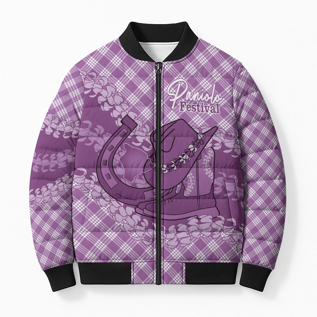 Poni Hawaii Cowboy Palaka Motifs Personalised Bomber Puffer Jacket Paniolo Festival Puakenikeni Lei