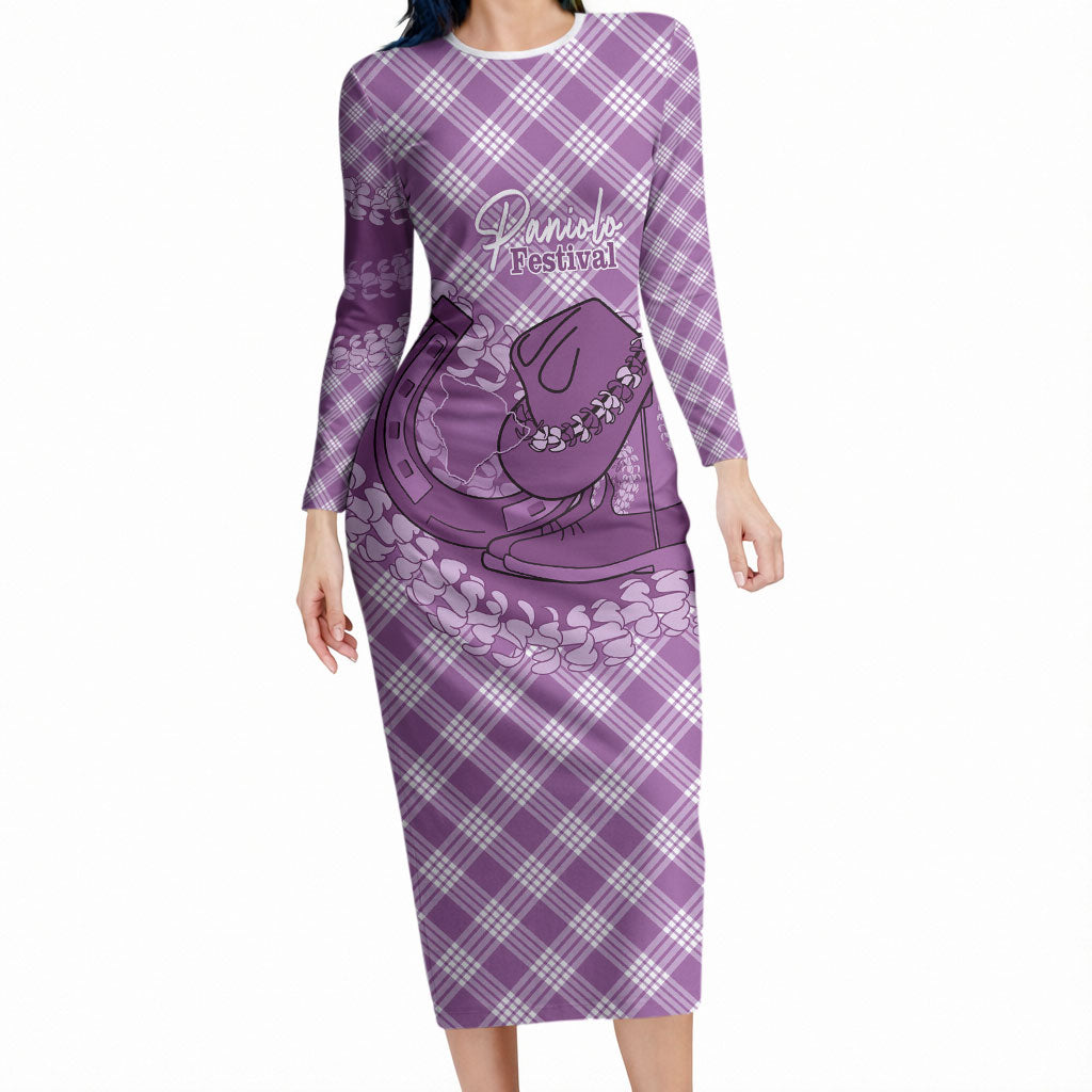 Poni Hawaii Cowboy Palaka Motifs Personalised Long Sleeve Bodycon Dress Paniolo Festival Puakenikeni Lei