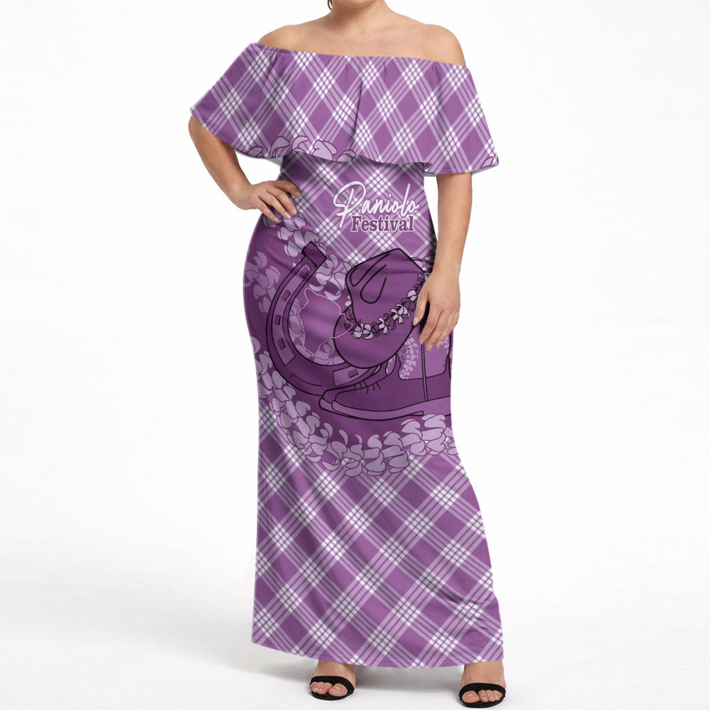 Poni Hawaii Cowboy Palaka Motifs Personalised Off Shoulder Maxi Dress Paniolo Festival Puakenikeni Lei