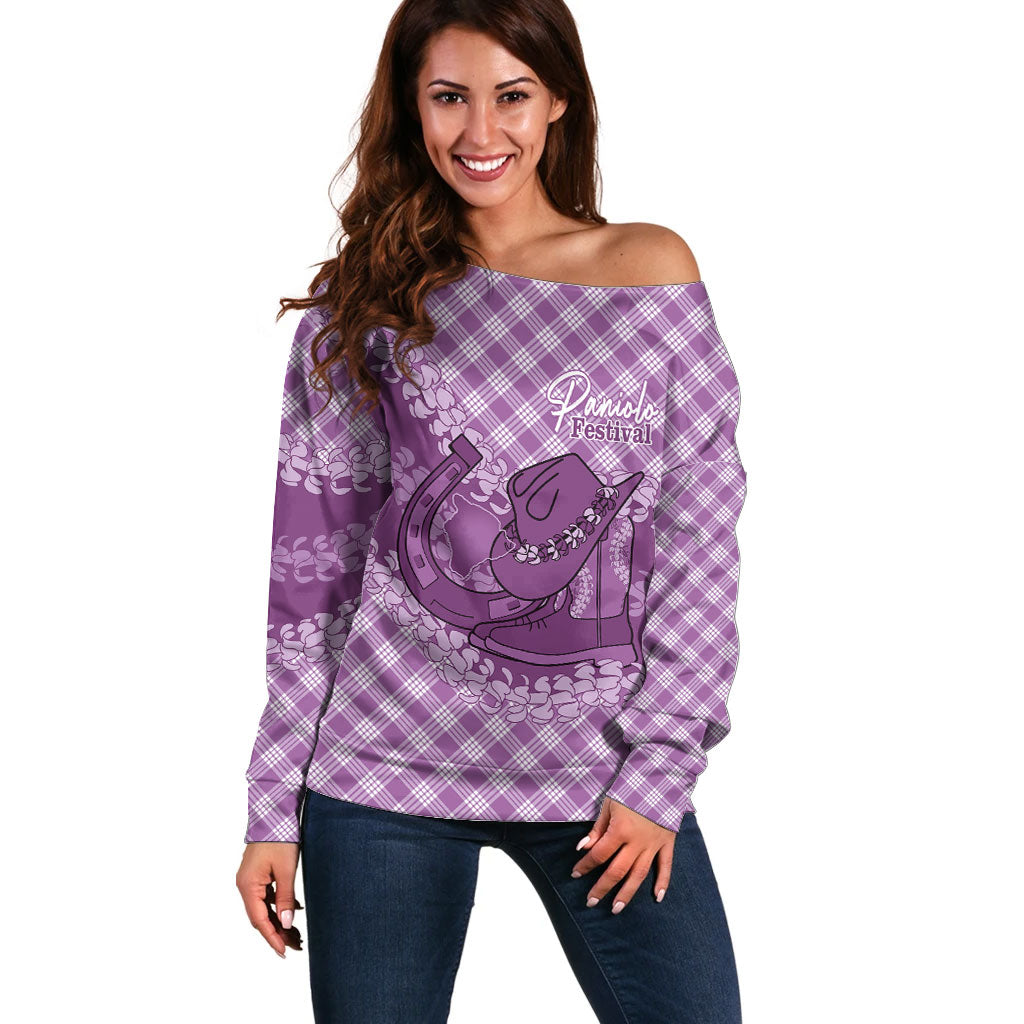 Poni Hawaii Cowboy Palaka Motifs Personalised Off Shoulder Sweater Paniolo Festival Puakenikeni Lei