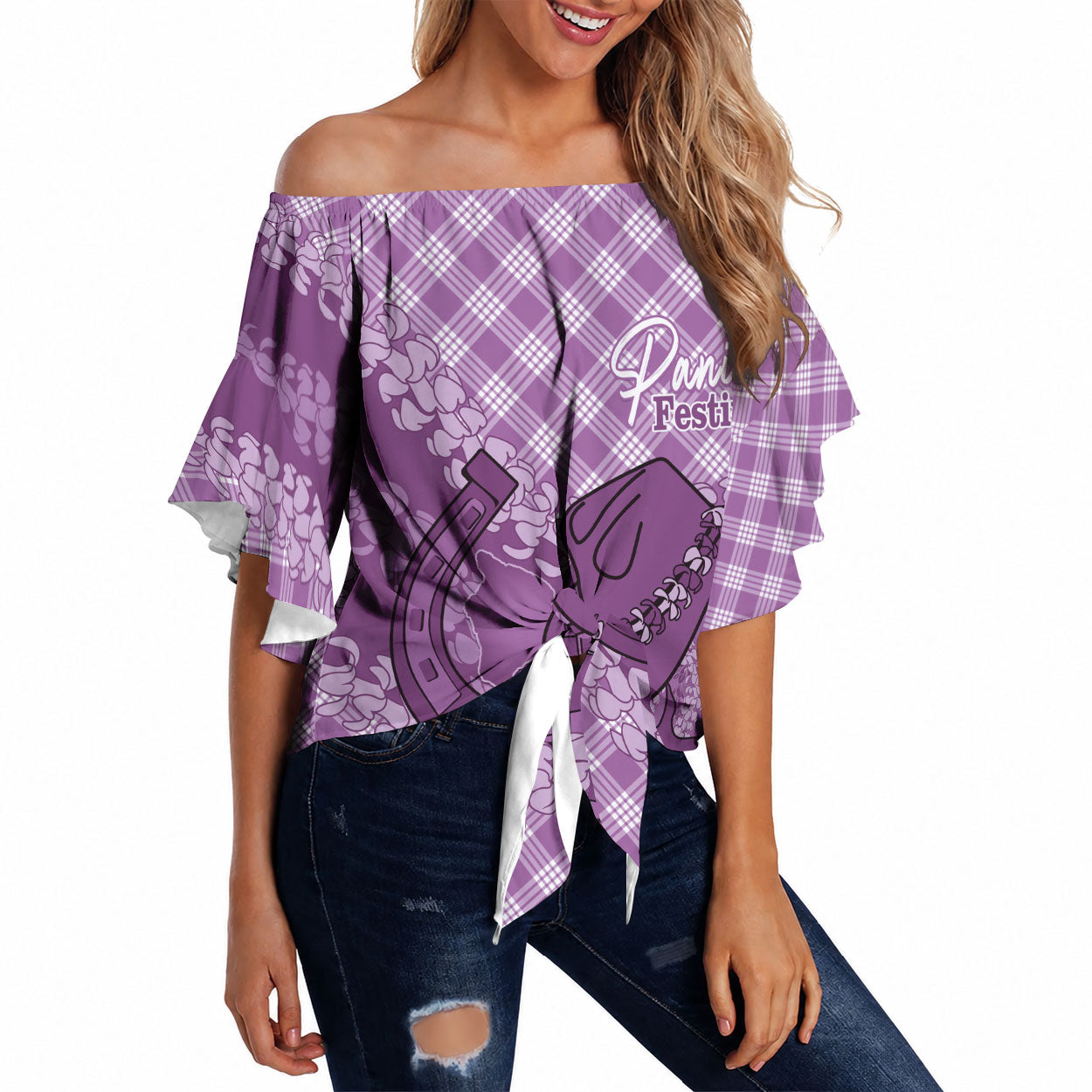 Poni Hawaii Cowboy Palaka Motifs Personalised Off Shoulder Wrap Waist Top Paniolo Festival Puakenikeni Lei