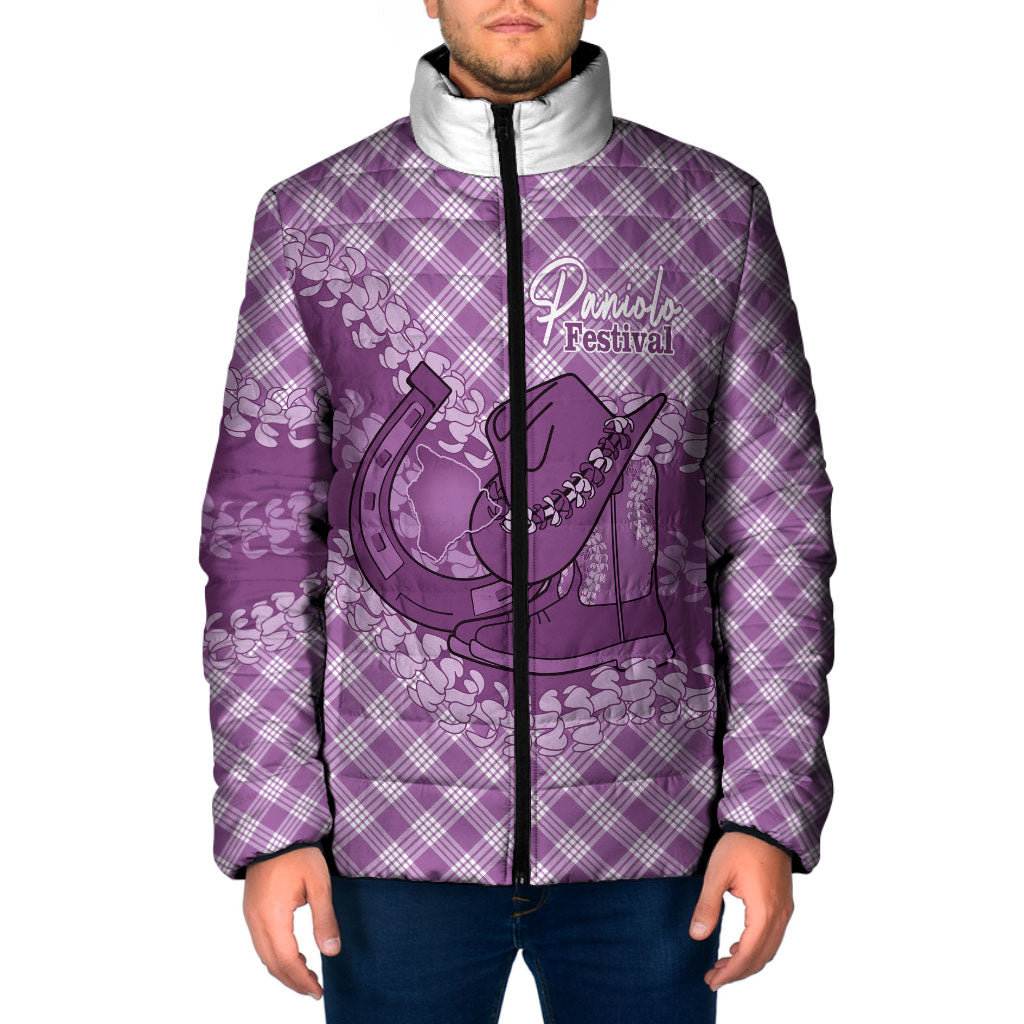 Poni Hawaii Cowboy Palaka Motifs Personalised Padded Jacket Paniolo Festival Puakenikeni Lei LT14 Men Purple - Polynesian Pride