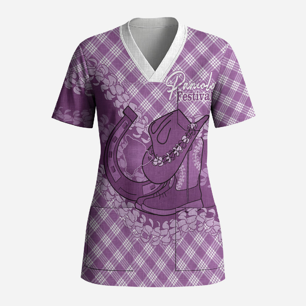 Poni Hawaii Cowboy Palaka Motifs Personalised Scrub Top Paniolo Festival Puakenikeni Lei