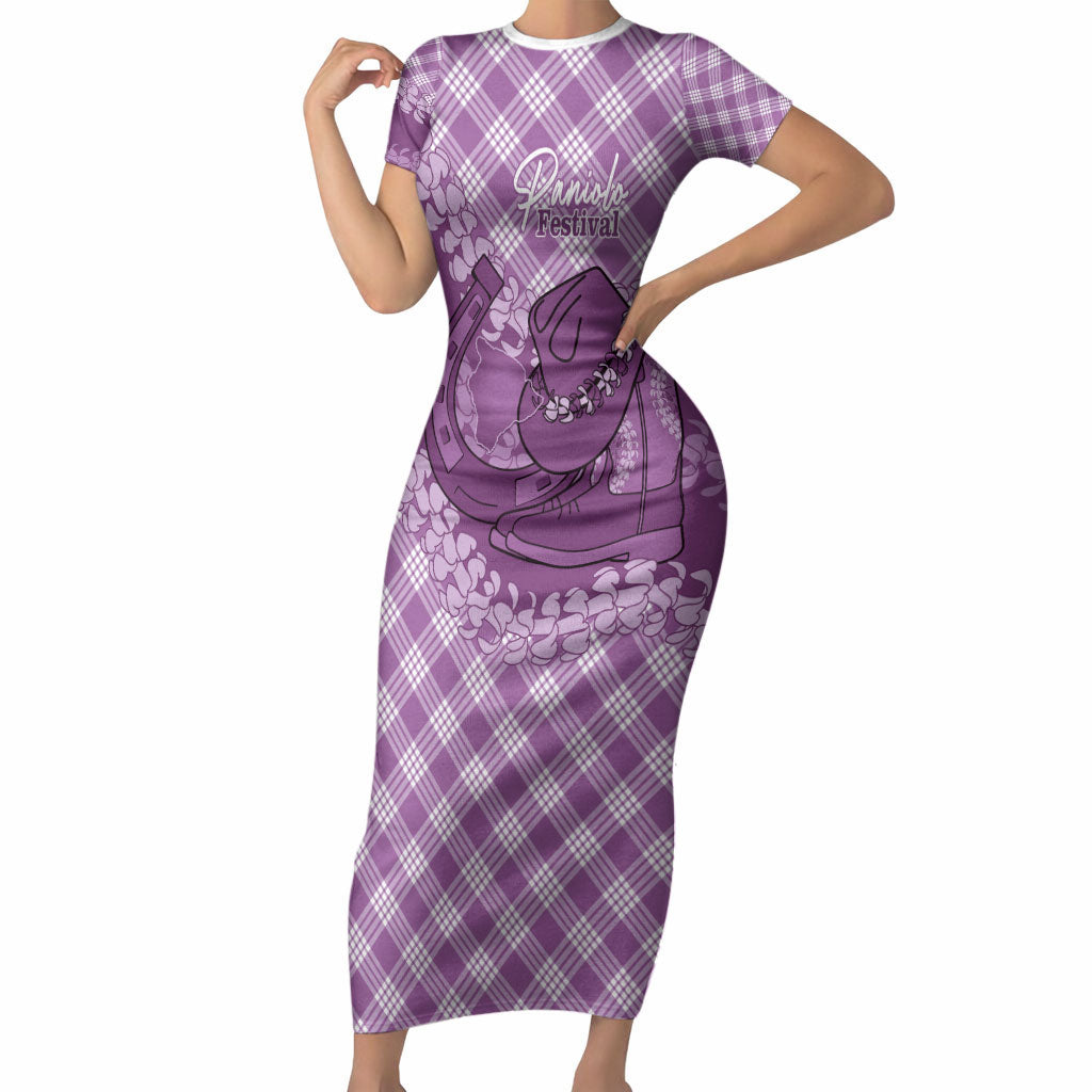 Poni Hawaii Cowboy Palaka Motifs Personalised Short Sleeve Bodycon Dress Paniolo Festival Puakenikeni Lei