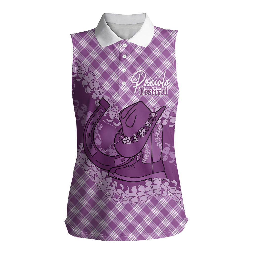Poni Hawaii Cowboy Palaka Motifs Personalised Women Sleeveless Polo Shirt Paniolo Festival Puakenikeni Lei