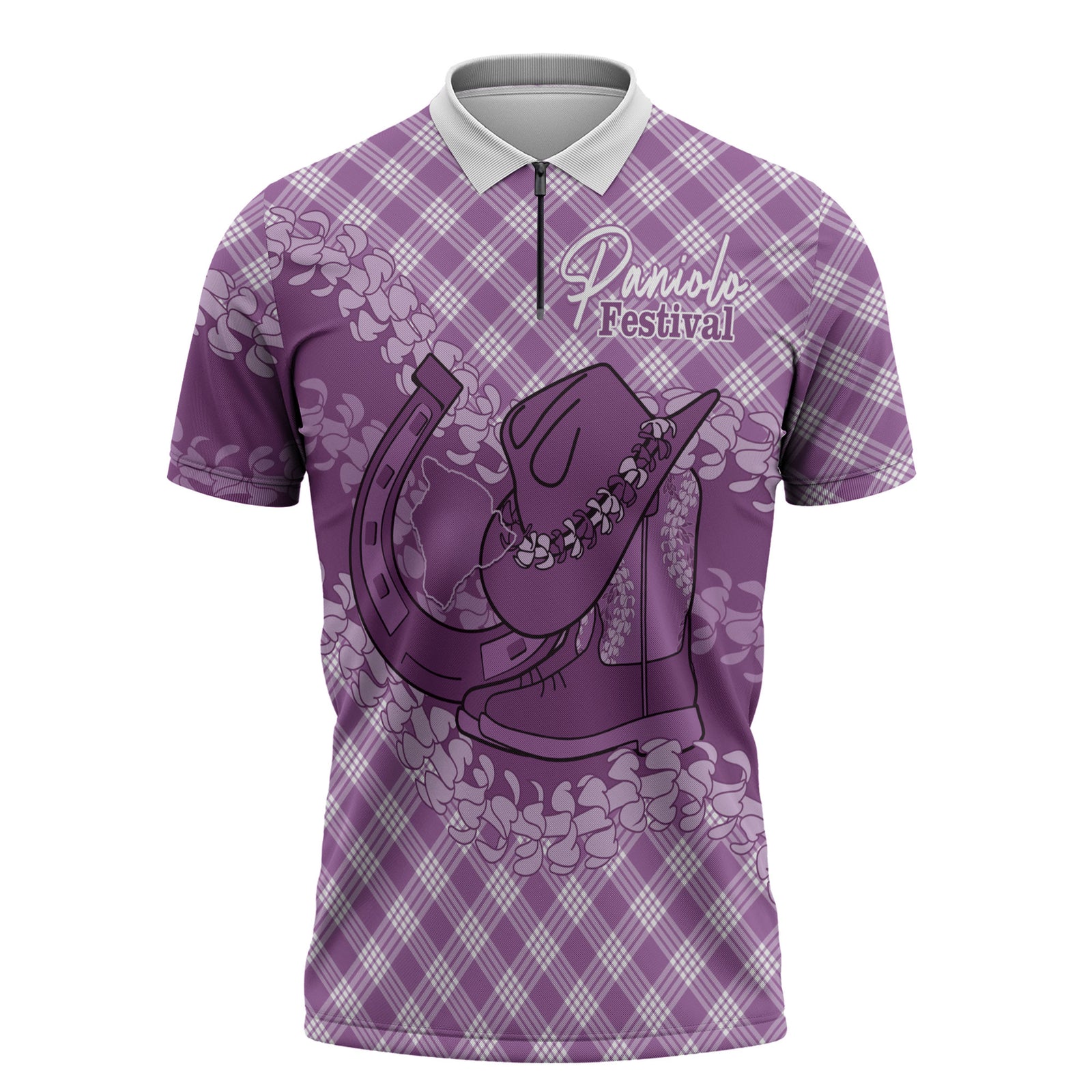Poni Hawaii Cowboy Palaka Motifs Personalised Zipper Polo Shirt Paniolo Festival Puakenikeni Lei