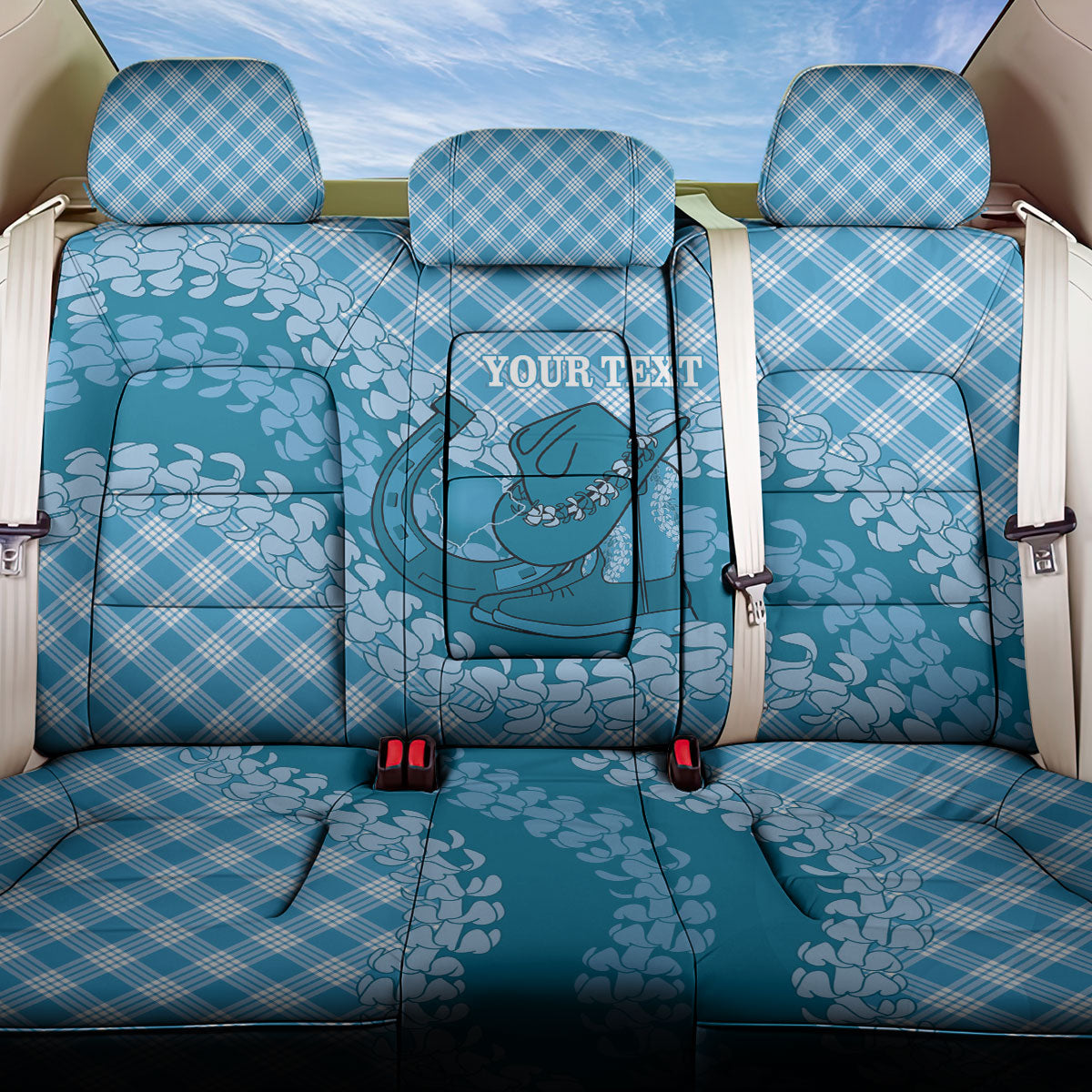 Polu Hawaii Cowboy Palaka Motifs Personalised Back Car Seat Cover Paniolo Festival Puakenikeni Lei