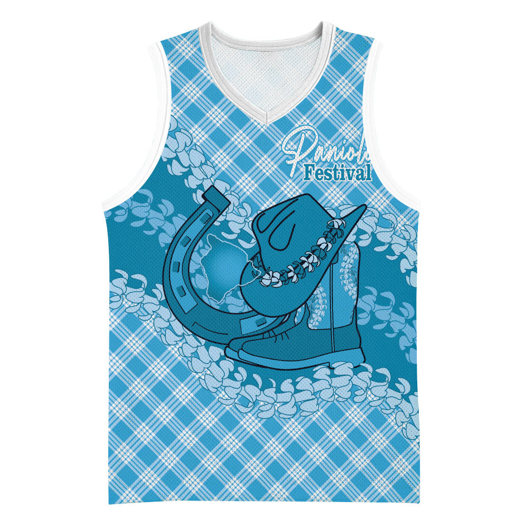 Polu Hawaii Cowboy Palaka Motifs Personalised Basketball Jersey Paniolo Festival Puakenikeni Lei