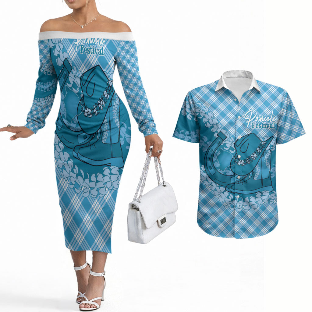 Polu Hawaii Cowboy Palaka Motifs Personalised Couples Matching Off The Shoulder Long Sleeve Dress and Hawaiian Shirt Paniolo Festival Puakenikeni Lei LT14 Blue - Polynesian Pride