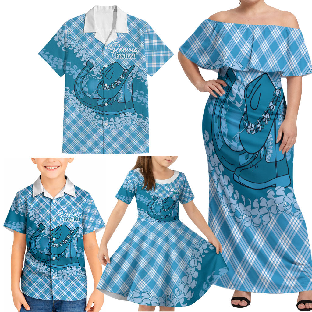 Polu Hawaii Cowboy Palaka Motifs Personalised Family Matching Off Shoulder Maxi Dress and Hawaiian Shirt Paniolo Festival Puakenikeni Lei LT14 - Polynesian Pride
