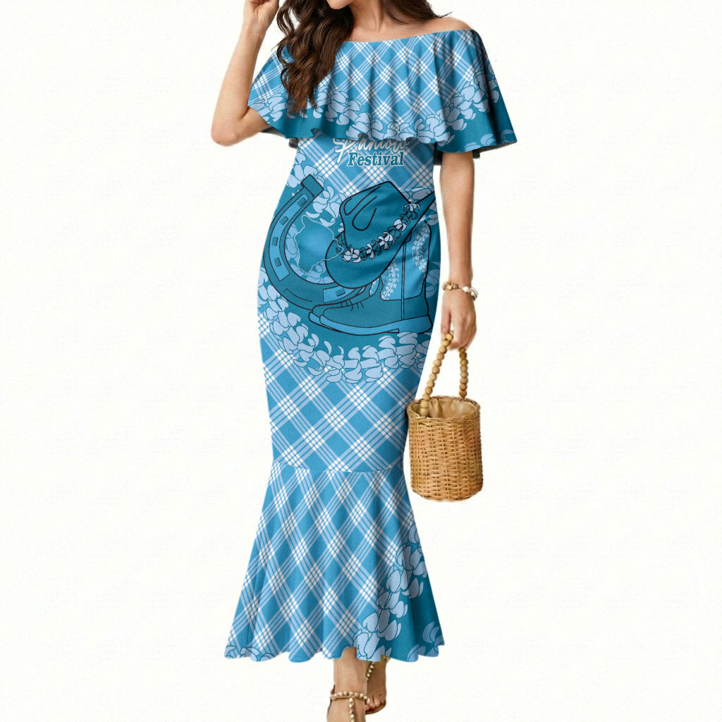 Polu Hawaii Cowboy Palaka Motifs Personalised Mermaid Dress Paniolo Festival Puakenikeni Lei