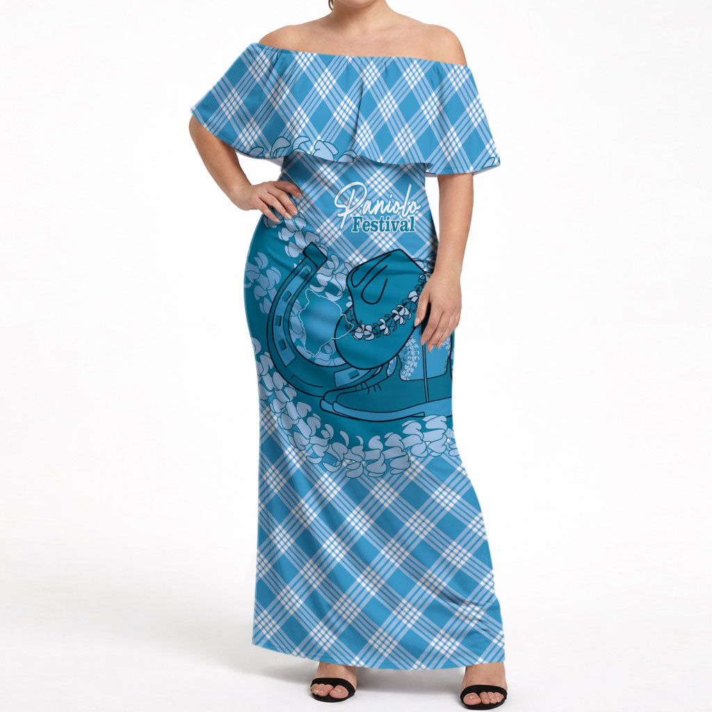 Polu Hawaii Cowboy Palaka Motifs Personalised Off Shoulder Maxi Dress Paniolo Festival Puakenikeni Lei