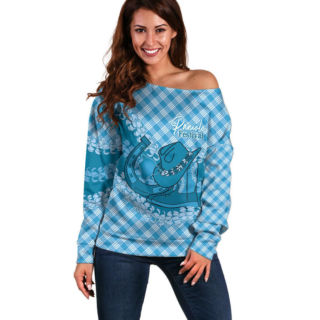 Polu Hawaii Cowboy Palaka Motifs Personalised Off Shoulder Sweater Paniolo Festival Puakenikeni Lei