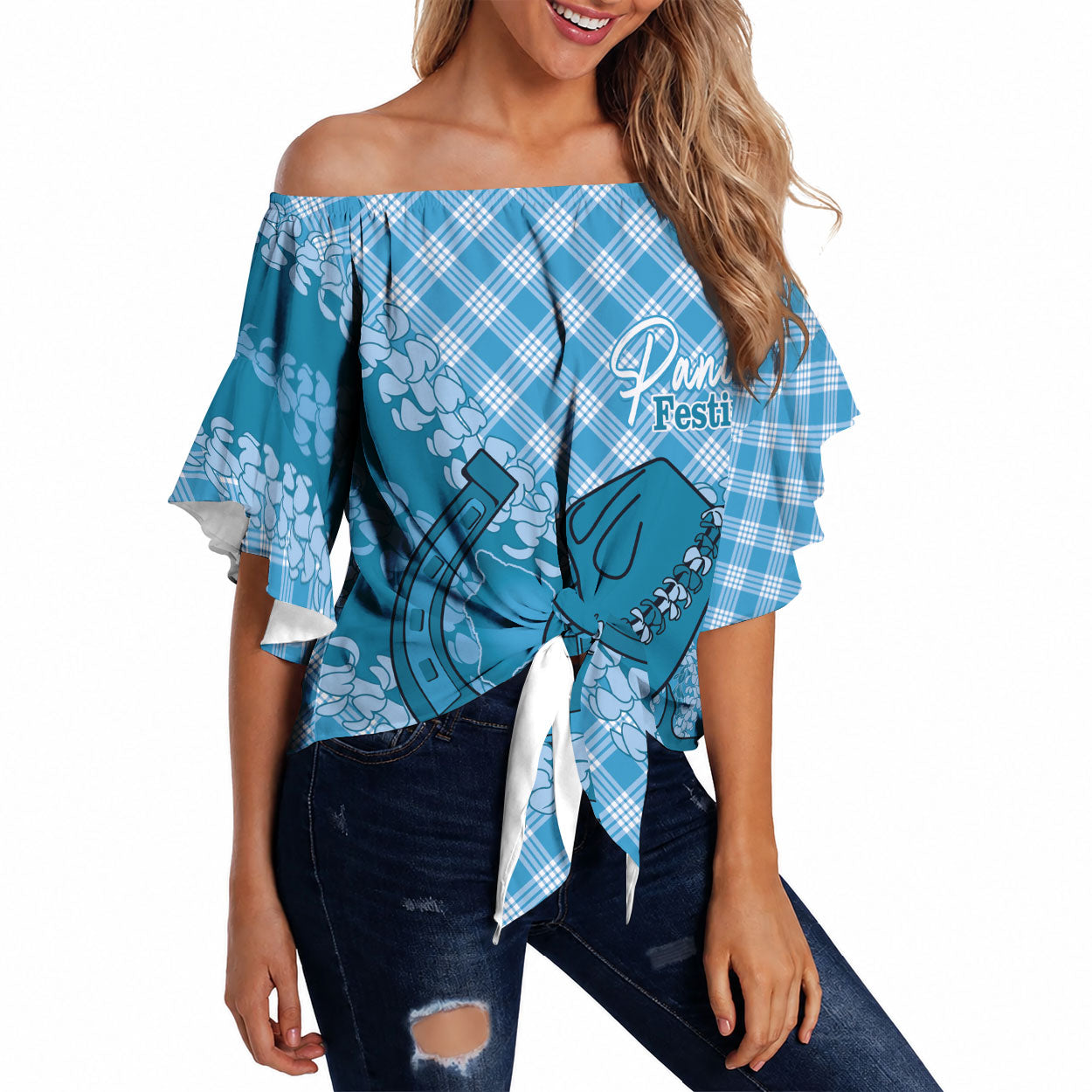 Polu Hawaii Cowboy Palaka Motifs Personalised Off Shoulder Wrap Waist Top Paniolo Festival Puakenikeni Lei