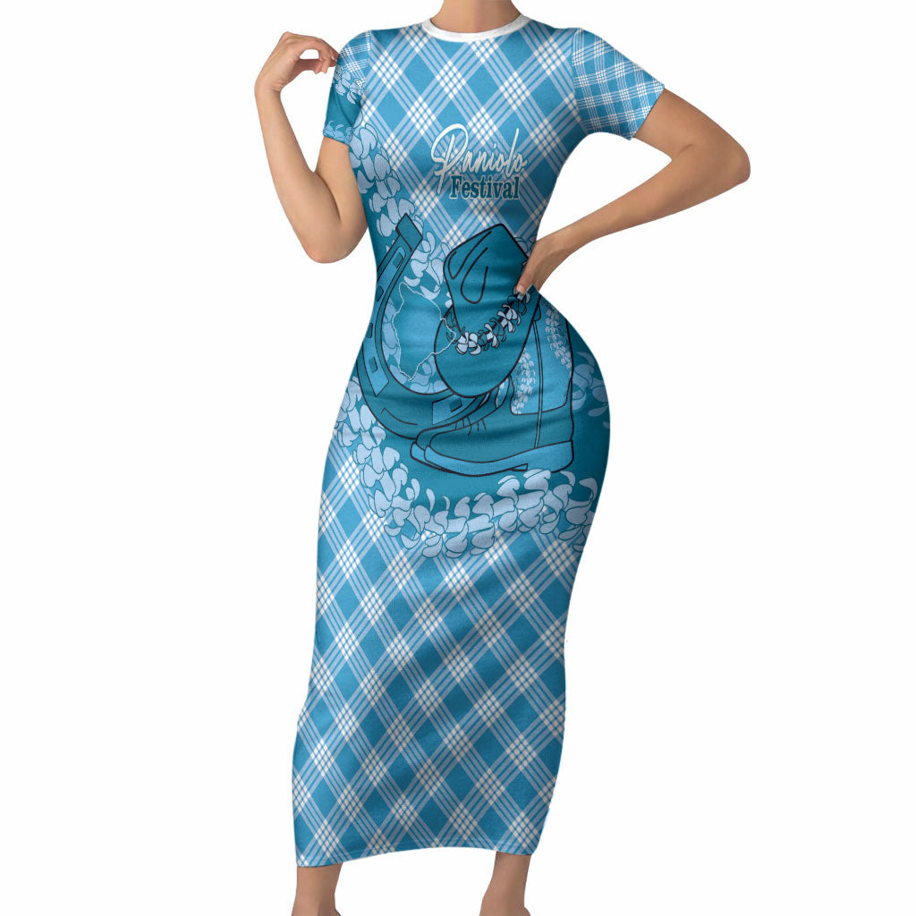 Polu Hawaii Cowboy Palaka Motifs Personalised Short Sleeve Bodycon Dress Paniolo Festival Puakenikeni Lei