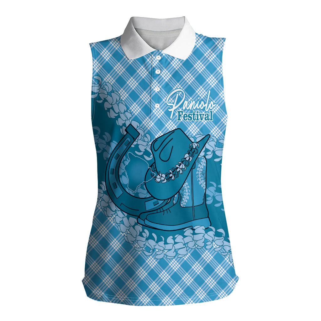 Polu Hawaii Cowboy Palaka Motifs Personalised Women Sleeveless Polo Shirt Paniolo Festival Puakenikeni Lei