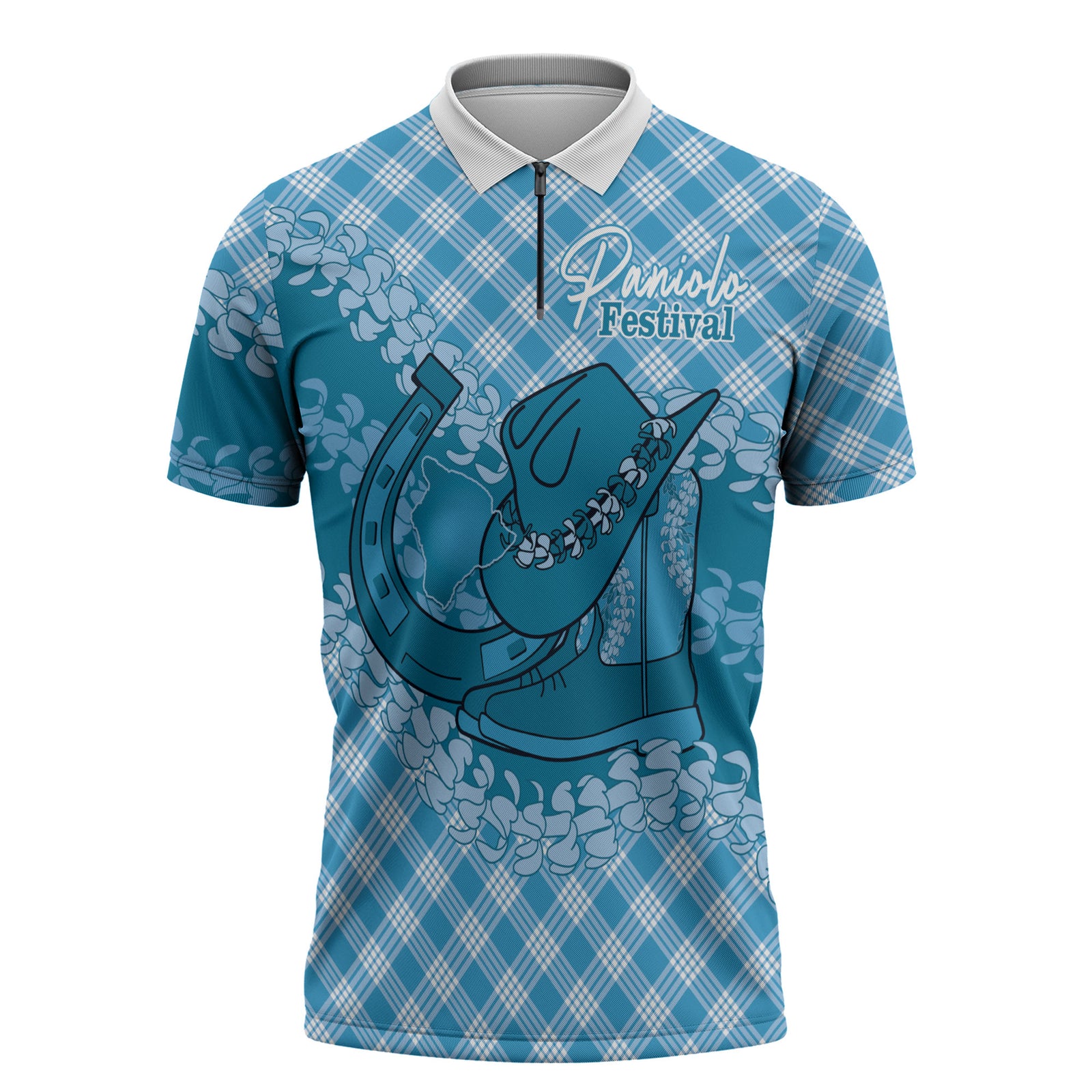 Polu Hawaii Cowboy Palaka Motifs Personalised Zipper Polo Shirt Paniolo Festival Puakenikeni Lei