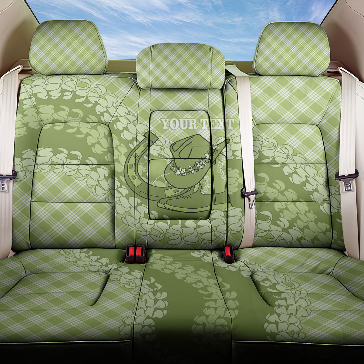 Omaomao Hawaii Cowboy Palaka Motifs Personalised Back Car Seat Cover Paniolo Festival Puakenikeni Lei