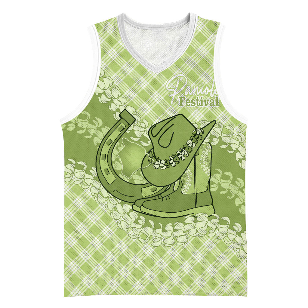 Omaomao Hawaii Cowboy Palaka Motifs Personalised Basketball Jersey Paniolo Festival Puakenikeni Lei