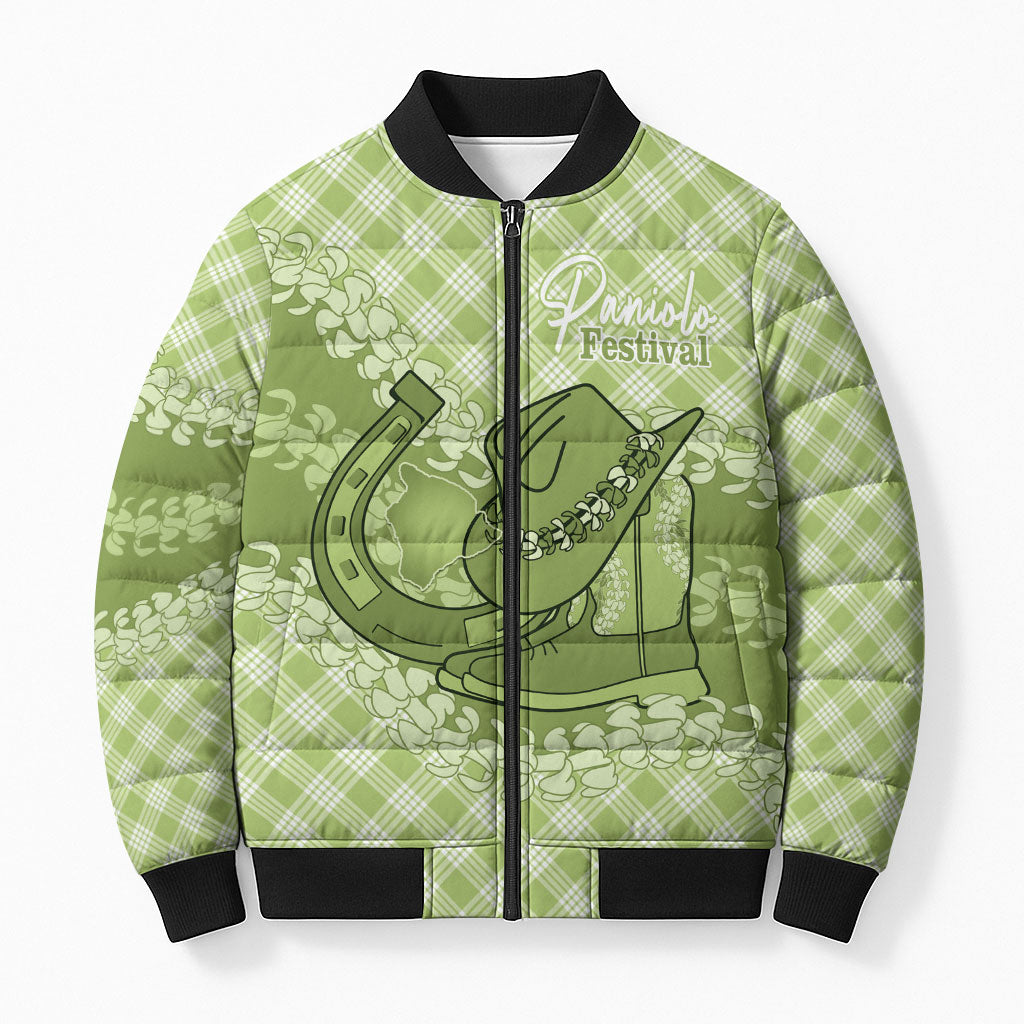 Omaomao Hawaii Cowboy Palaka Motifs Personalised Bomber Puffer Jacket Paniolo Festival Puakenikeni Lei