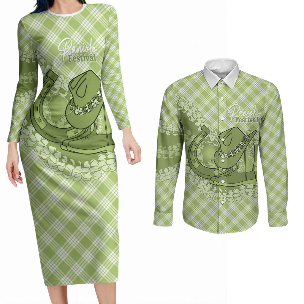 Omaomao Hawaii Cowboy Palaka Motifs Personalised Couples Matching Long Sleeve Bodycon Dress and Long Sleeve Button Shirt Paniolo Festival Puakenikeni Lei