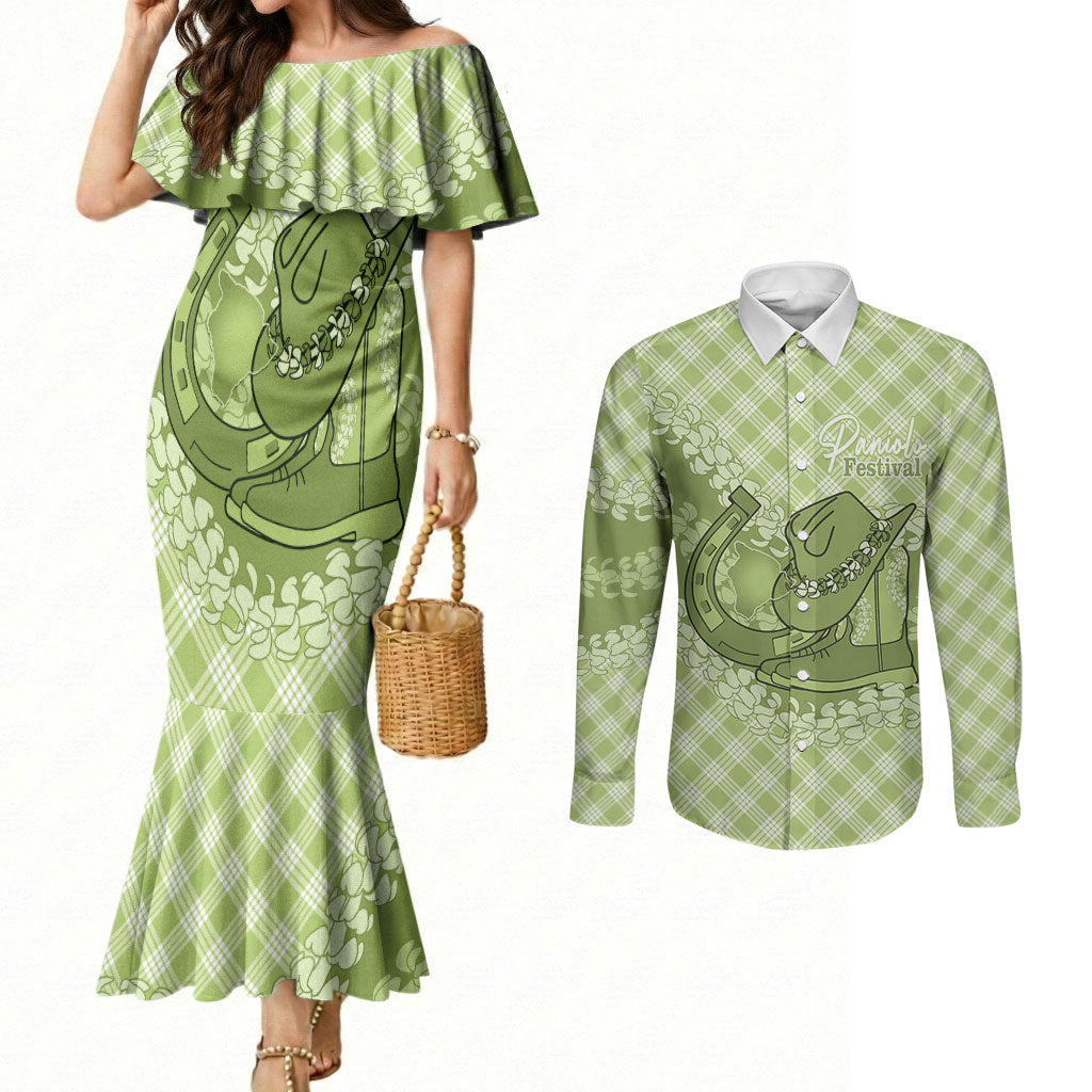 Omaomao Hawaii Cowboy Palaka Motifs Personalised Couples Matching Mermaid Dress and Long Sleeve Button Shirt Paniolo Festival Puakenikeni Lei