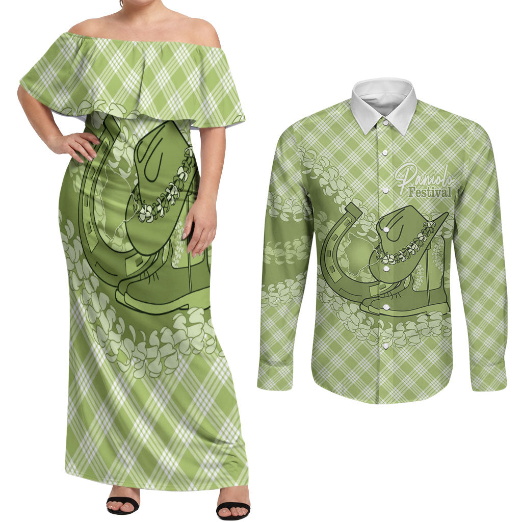 Omaomao Hawaii Cowboy Palaka Motifs Personalised Couples Matching Off Shoulder Maxi Dress and Long Sleeve Button Shirt Paniolo Festival Puakenikeni Lei