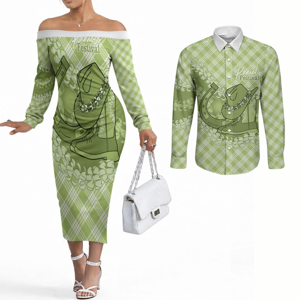 Omaomao Hawaii Cowboy Palaka Motifs Personalised Couples Matching Off The Shoulder Long Sleeve Dress and Long Sleeve Button Shirt Paniolo Festival Puakenikeni Lei