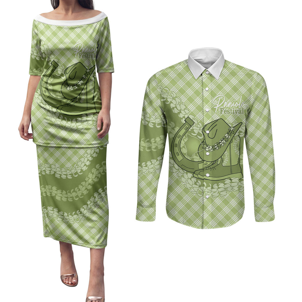 Omaomao Hawaii Cowboy Palaka Motifs Personalised Couples Matching Puletasi and Long Sleeve Button Shirt Paniolo Festival Puakenikeni Lei