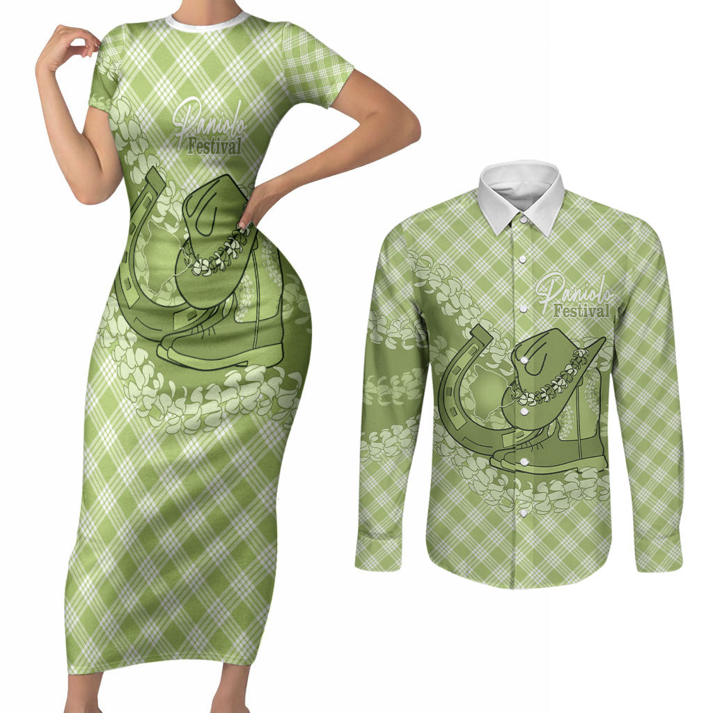 Omaomao Hawaii Cowboy Palaka Motifs Personalised Couples Matching Short Sleeve Bodycon Dress and Long Sleeve Button Shirt Paniolo Festival Puakenikeni Lei