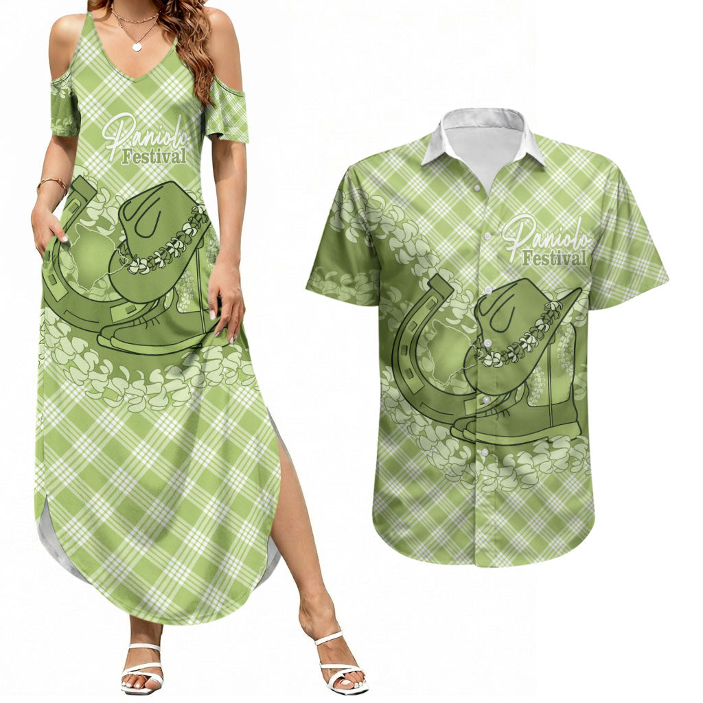 Omaomao Hawaii Cowboy Palaka Motifs Personalised Couples Matching Summer Maxi Dress and Hawaiian Shirt Paniolo Festival Puakenikeni Lei
