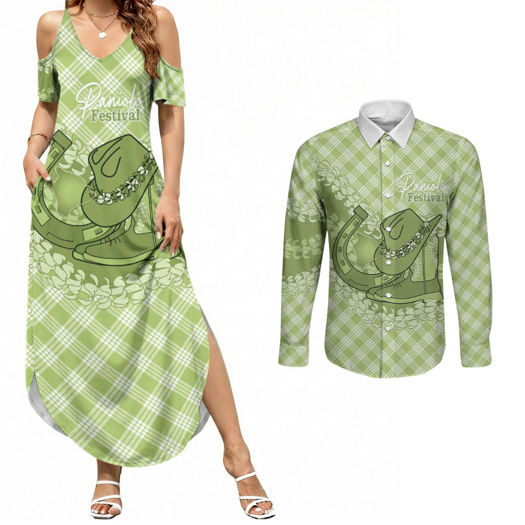 Omaomao Hawaii Cowboy Palaka Motifs Personalised Couples Matching Summer Maxi Dress and Long Sleeve Button Shirt Paniolo Festival Puakenikeni Lei