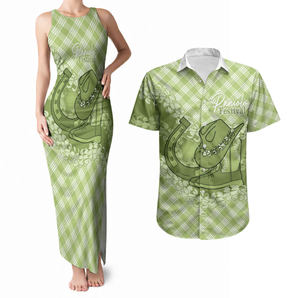 Omaomao Hawaii Cowboy Palaka Motifs Personalised Couples Matching Tank Maxi Dress and Hawaiian Shirt Paniolo Festival Puakenikeni Lei