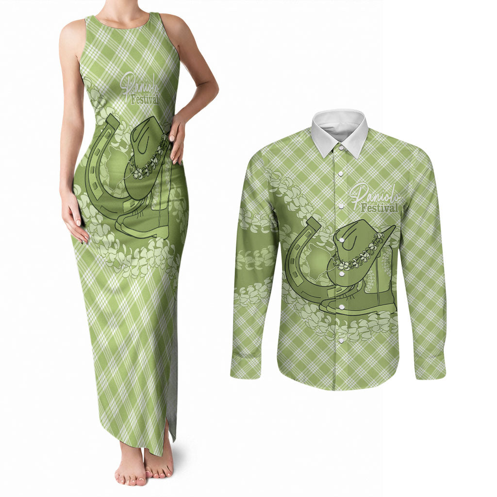 Omaomao Hawaii Cowboy Palaka Motifs Personalised Couples Matching Tank Maxi Dress and Long Sleeve Button Shirt Paniolo Festival Puakenikeni Lei