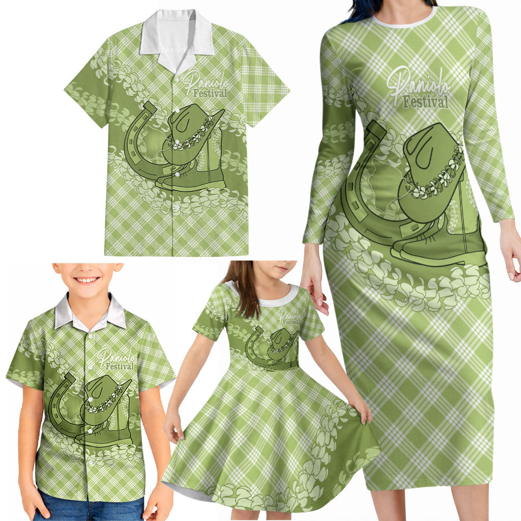 Omaomao Hawaii Cowboy Palaka Motifs Personalised Family Matching Long Sleeve Bodycon Dress and Hawaiian Shirt Paniolo Festival Puakenikeni Lei