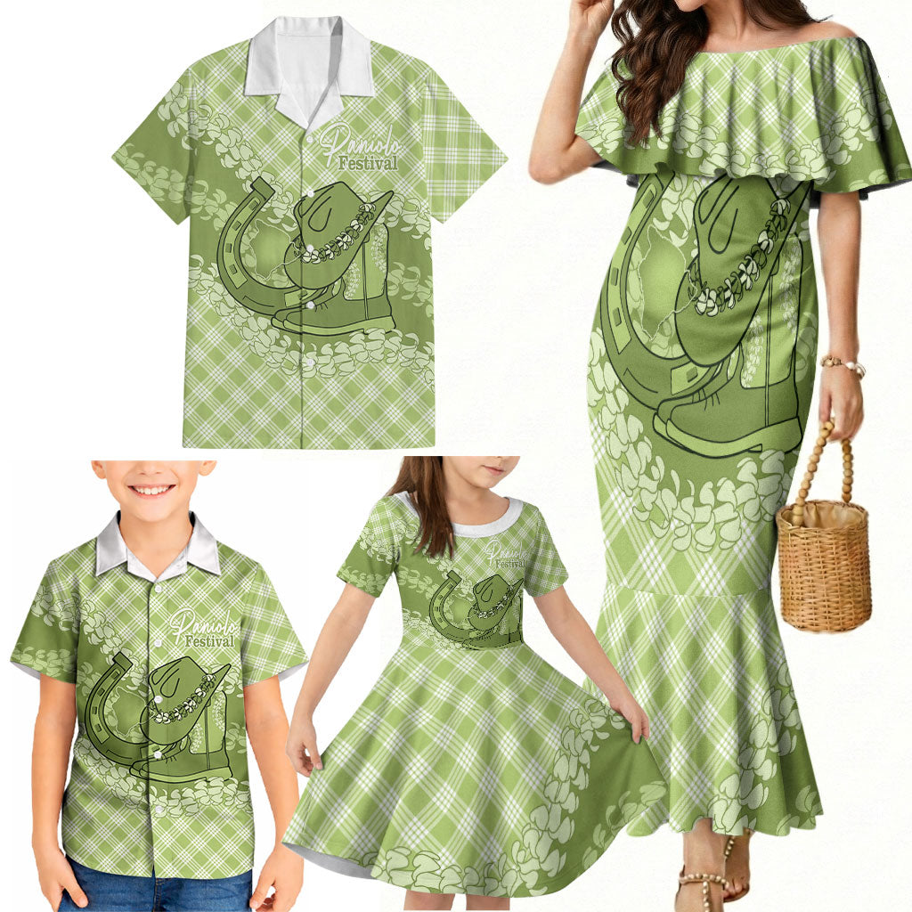 Omaomao Hawaii Cowboy Palaka Motifs Personalised Family Matching Mermaid Dress and Hawaiian Shirt Paniolo Festival Puakenikeni Lei