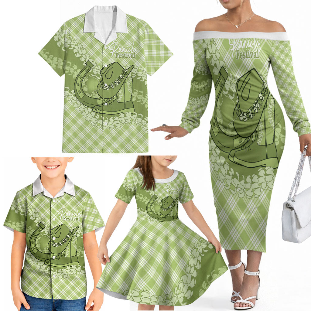 Omaomao Hawaii Cowboy Palaka Motifs Personalised Family Matching Off The Shoulder Long Sleeve Dress and Hawaiian Shirt Paniolo Festival Puakenikeni Lei