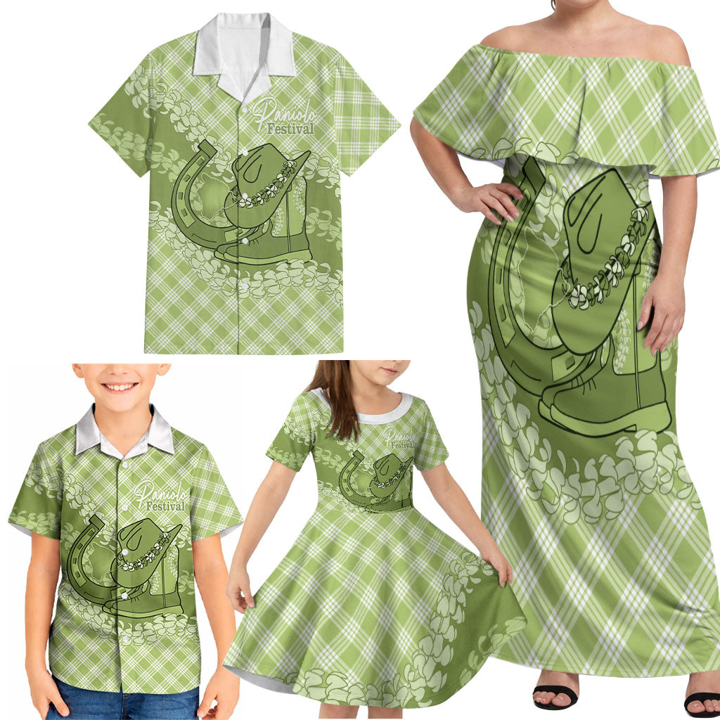 Omaomao Hawaii Cowboy Palaka Motifs Personalised Family Matching Off Shoulder Maxi Dress and Hawaiian Shirt Paniolo Festival Puakenikeni Lei