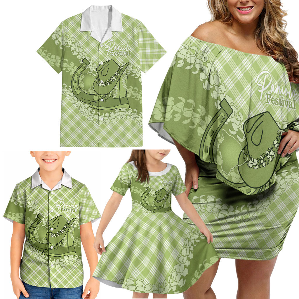 Omaomao Hawaii Cowboy Palaka Motifs Personalised Family Matching Off Shoulder Short Dress and Hawaiian Shirt Paniolo Festival Puakenikeni Lei