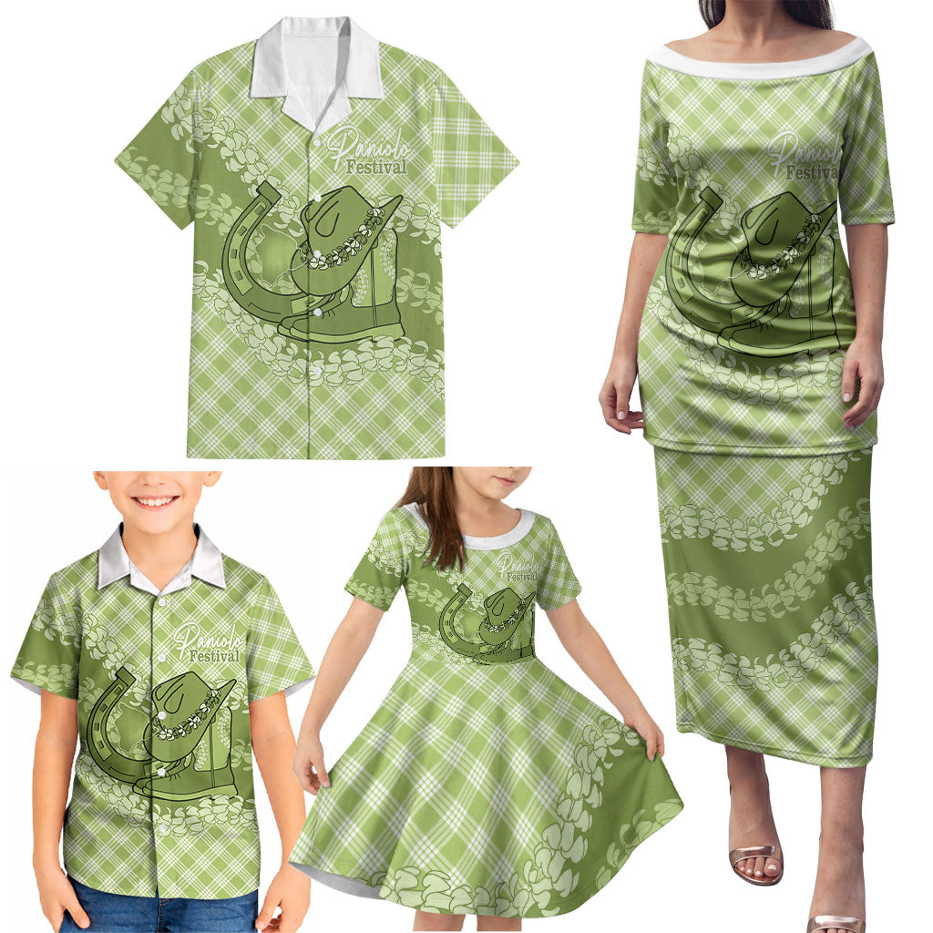Omaomao Hawaii Cowboy Palaka Motifs Personalised Family Matching Puletasi and Hawaiian Shirt Paniolo Festival Puakenikeni Lei