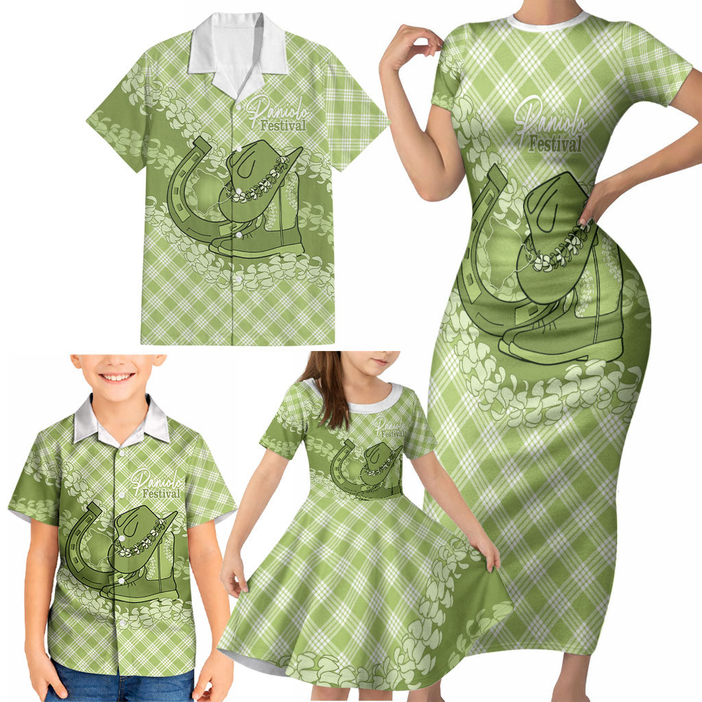 Omaomao Hawaii Cowboy Palaka Motifs Personalised Family Matching Short Sleeve Bodycon Dress and Hawaiian Shirt Paniolo Festival Puakenikeni Lei