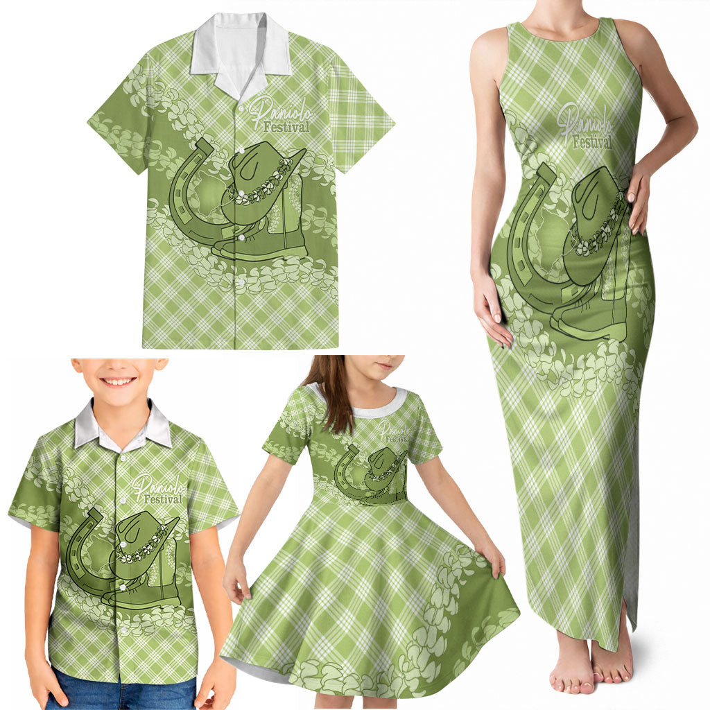 Omaomao Hawaii Cowboy Palaka Motifs Personalised Family Matching Tank Maxi Dress and Hawaiian Shirt Paniolo Festival Puakenikeni Lei