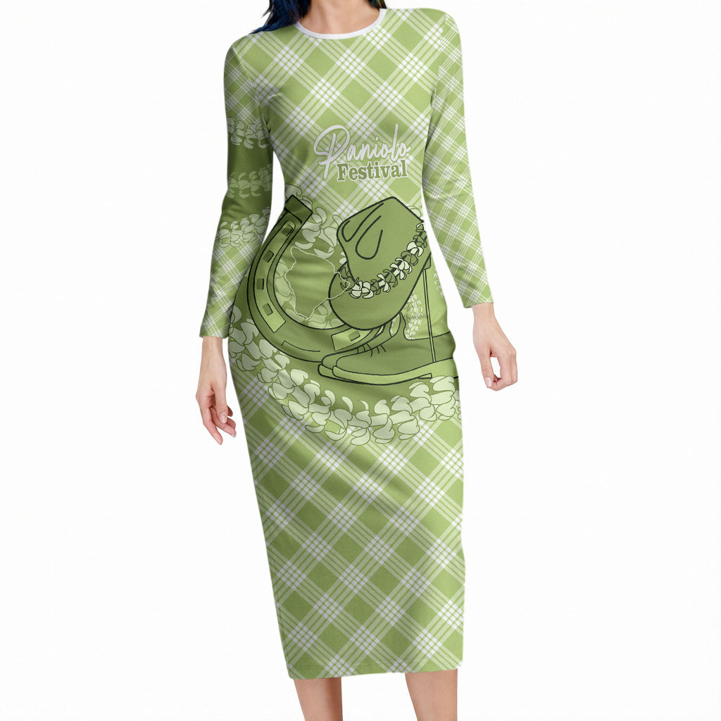 Omaomao Hawaii Cowboy Palaka Motifs Personalised Long Sleeve Bodycon Dress Paniolo Festival Puakenikeni Lei