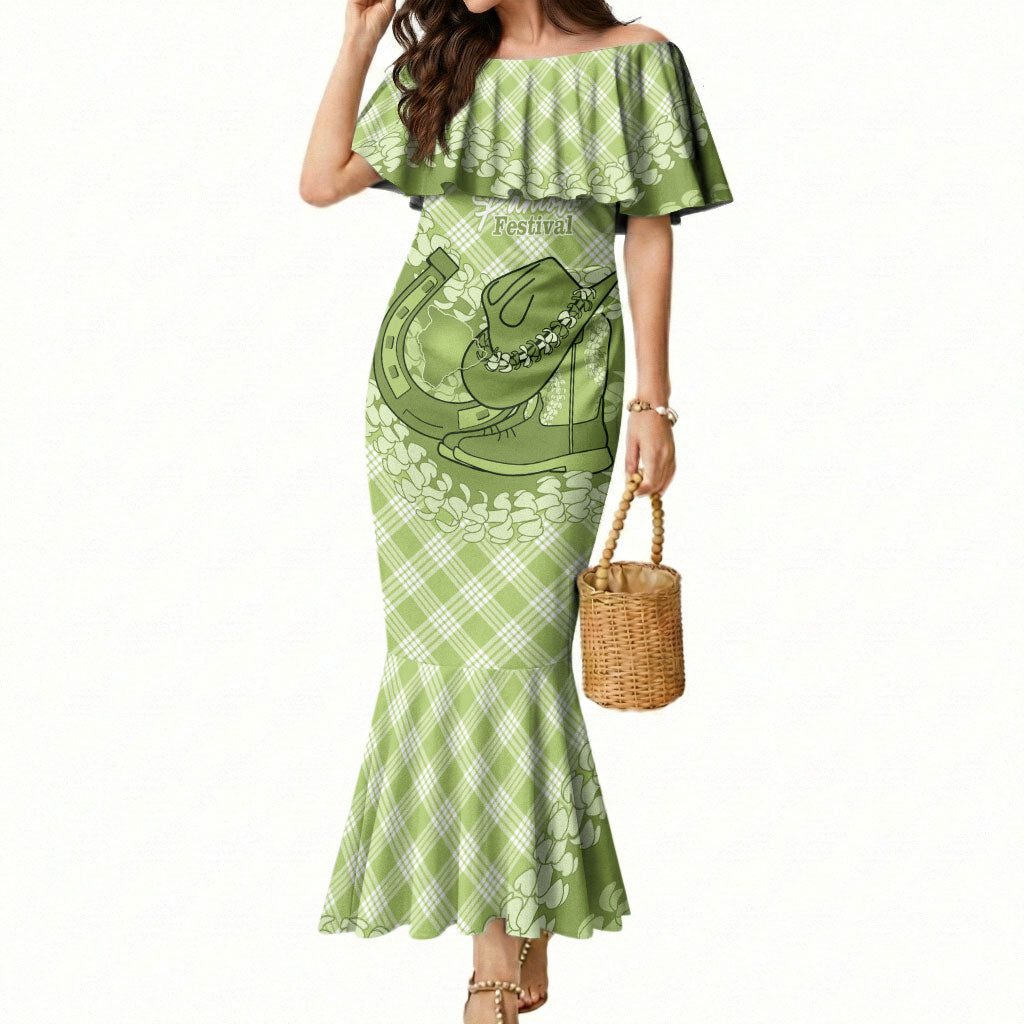 Omaomao Hawaii Cowboy Palaka Motifs Personalised Mermaid Dress Paniolo Festival Puakenikeni Lei